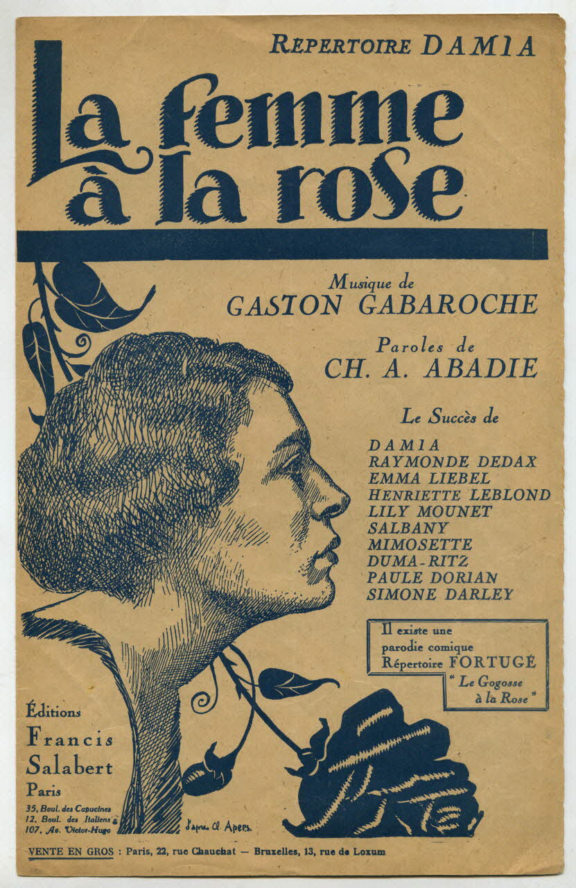 Charles-Albert Abadie ; Gaston Gabaroche ; Damia ; Raymonde Dedax ; Emma Liébel ; Henriette Leblond ; Lily Mounet ; Salbany ; Mimosette ; Paule Dorian ; Simone Darley ; Francis F. Salabert chanson petit format 1921 1966.123.21 Photo