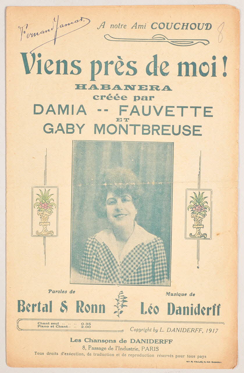 Marcel Bertal ; Léo Daniderff ; Emile Ronn ; Damia chanson petit format Île-de-France, France 1917 1966.125.2 Photo