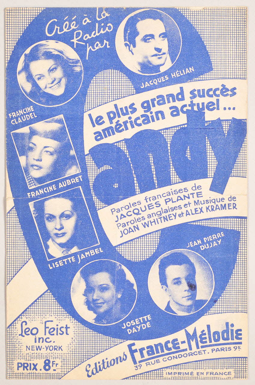 Alex Kramer ; Joan Whitney ; Jacques Plante ; Francine Claudel ; Jacques Hélian ; Francine Aubret ; Lisette Jambel ; Josette Daydé ; Jean-Pierre Dujay ; France-Mélodie chanson petit format Île-de-France, France 1944 1966.131.135 Photo