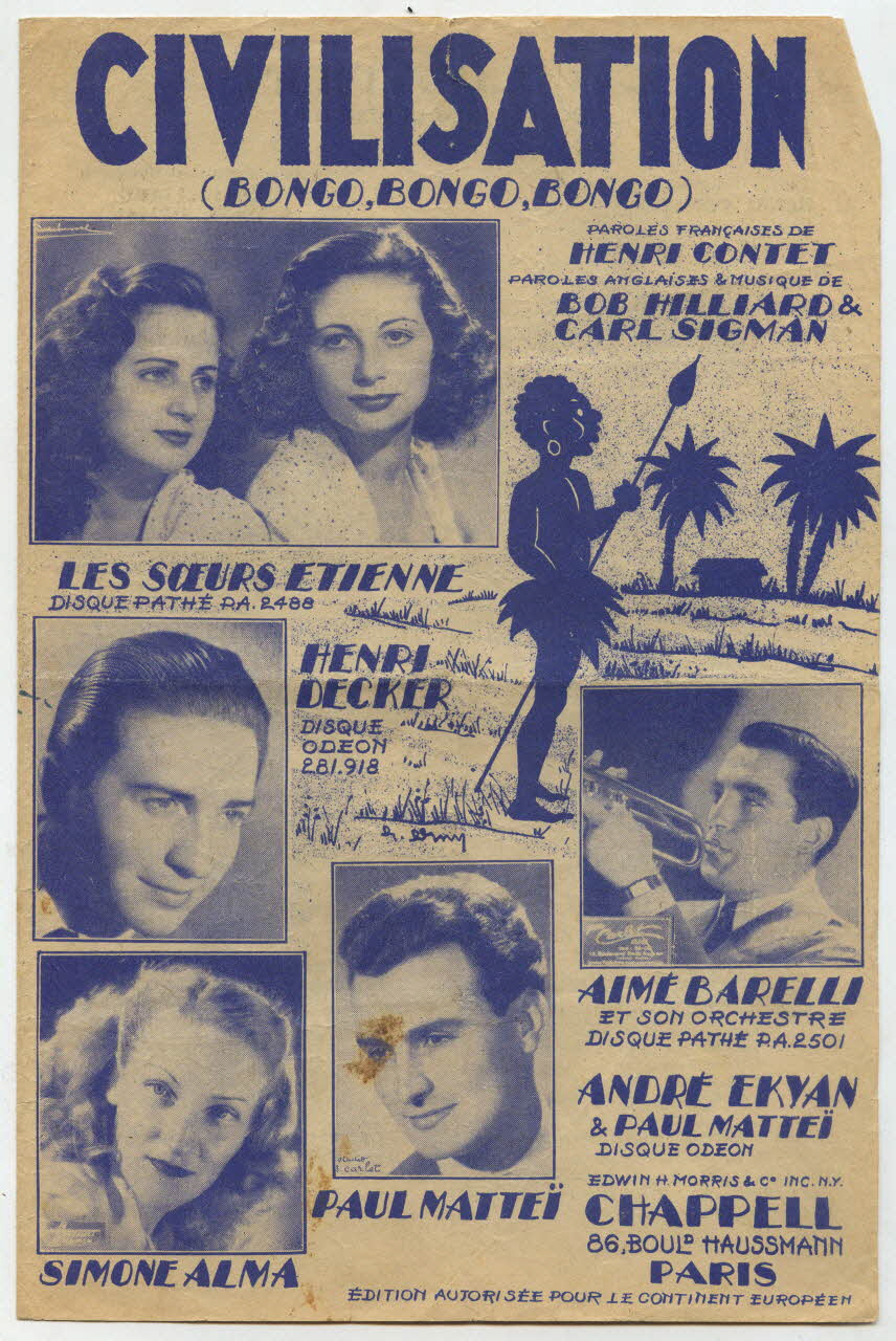 Bob Hilliard ; Henri Contet ; Carl Sigman ; Les Soeurs Etienne; ; Henri Decker ; Paul Matteï ; Simone Alma ; Aimé Barelli ; Morris; ; Chappell And Co.; ; Chappell S.A.; ; Michel Dillard chanson petit format Île-de-France, France 1947 1966.131.18 Photo