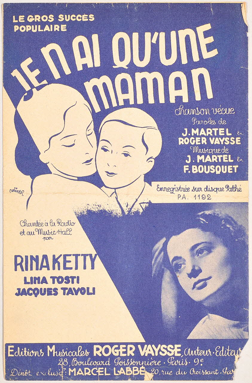 F Bousquet ; Jacques Martel ; Roger Vaysse ; Rina Ketty ; Lina Tosti ; Jacques Tavoli chanson petit format Île-de-France, France 1937 1966.131.78 Photo