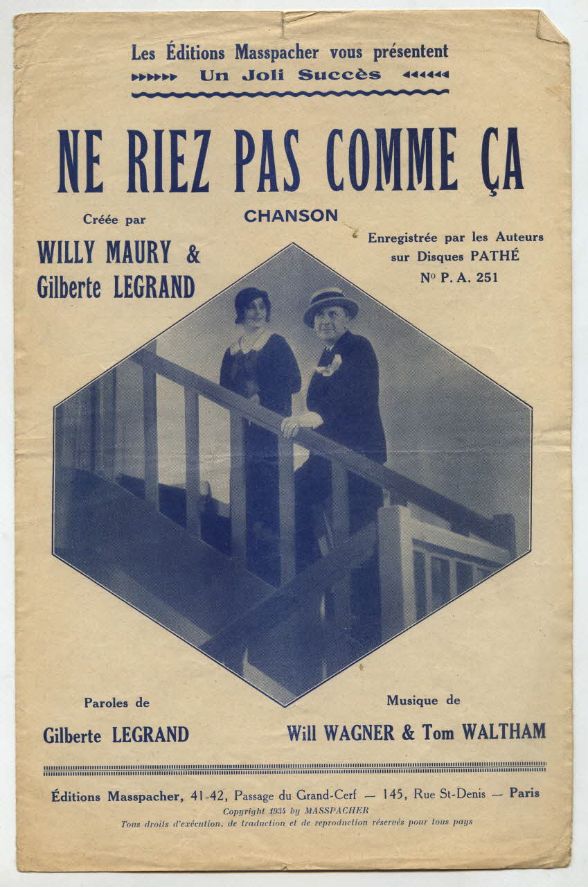 Tom Waltham ; Will Wagner ; Gilberte Legrand ; Willy Maury ; Masspacher; musique petit format Île-de-France, France 1934 1966.131.83 Photo