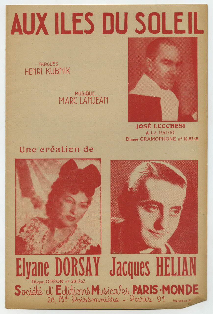 Henri Kubnick ; Marc Lanjean ; Eliane Dorsay ; Jacques Hélian ; Paris-Monde; chanson petit format 1946 1966.132.10 Photo
