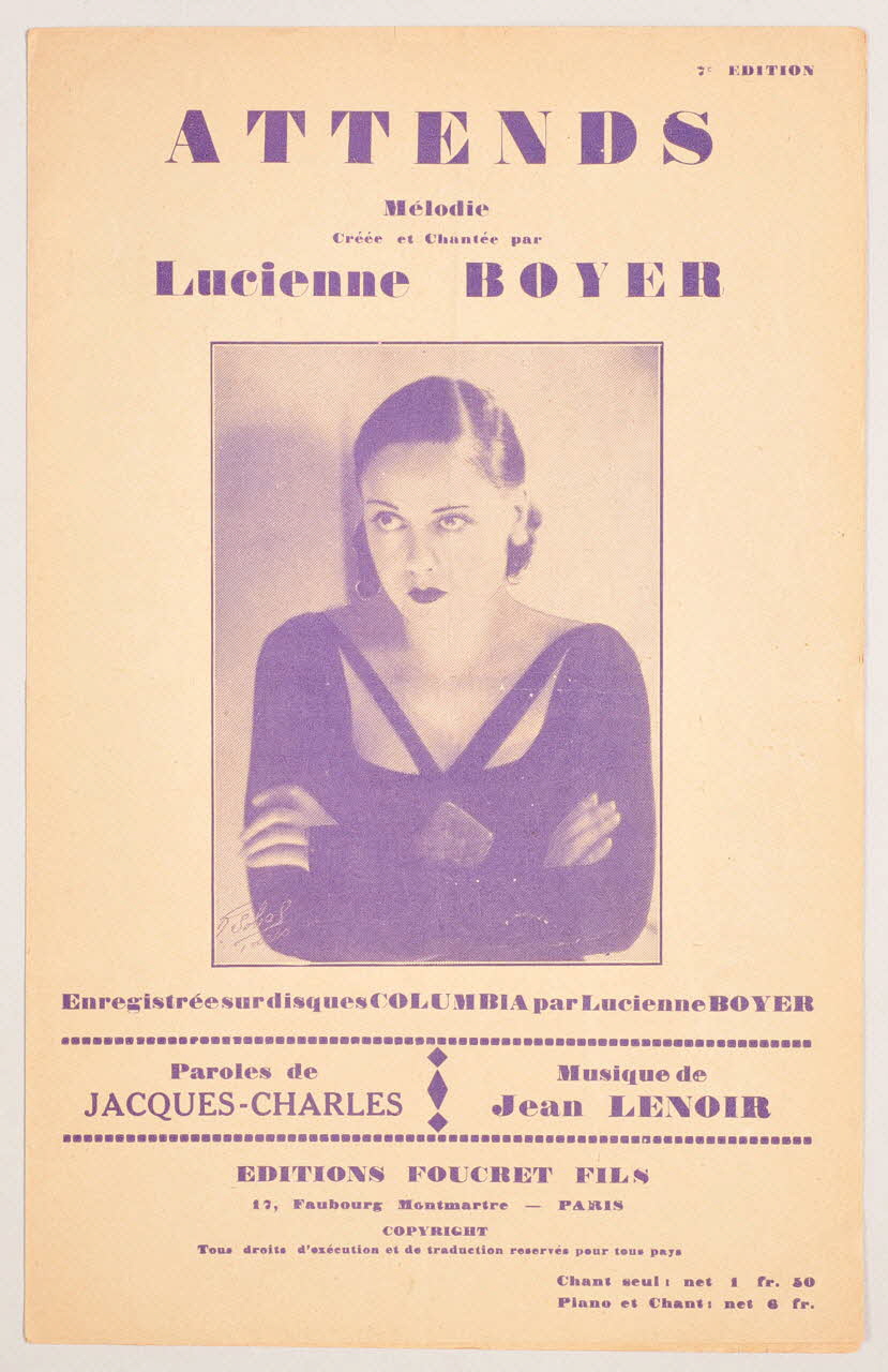 Jacques Charles ; Jean Lenoir ; Lucienne Boyer ; Editions Foucret Fils; chanson petit format Île-de-France, France 1926 1966.135.27 Photo