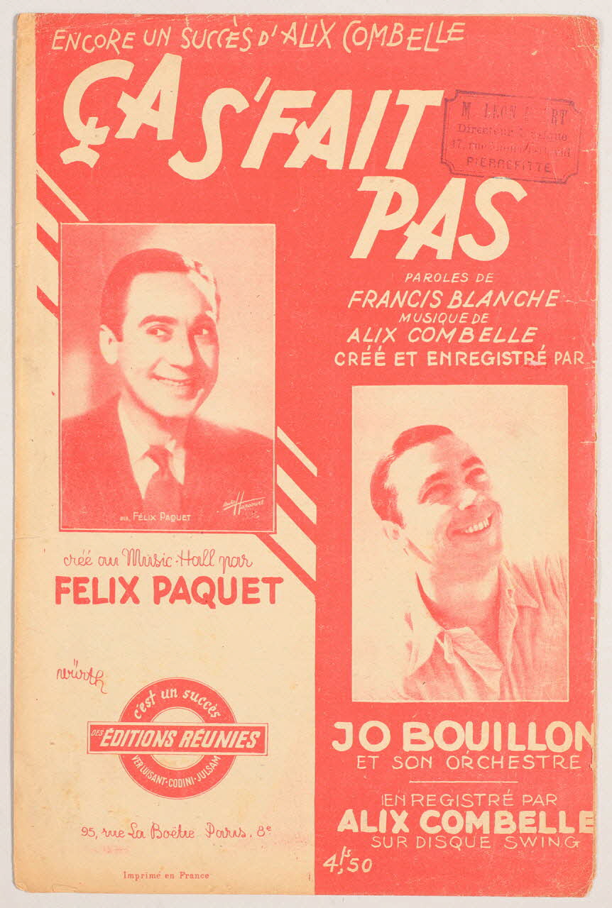 Francis Blanche ; Alix Combelle ; Jo Bouillon ; Les Editions Réunies; chanson petit format Paris 8ème 1944 1966.144.107 Photo