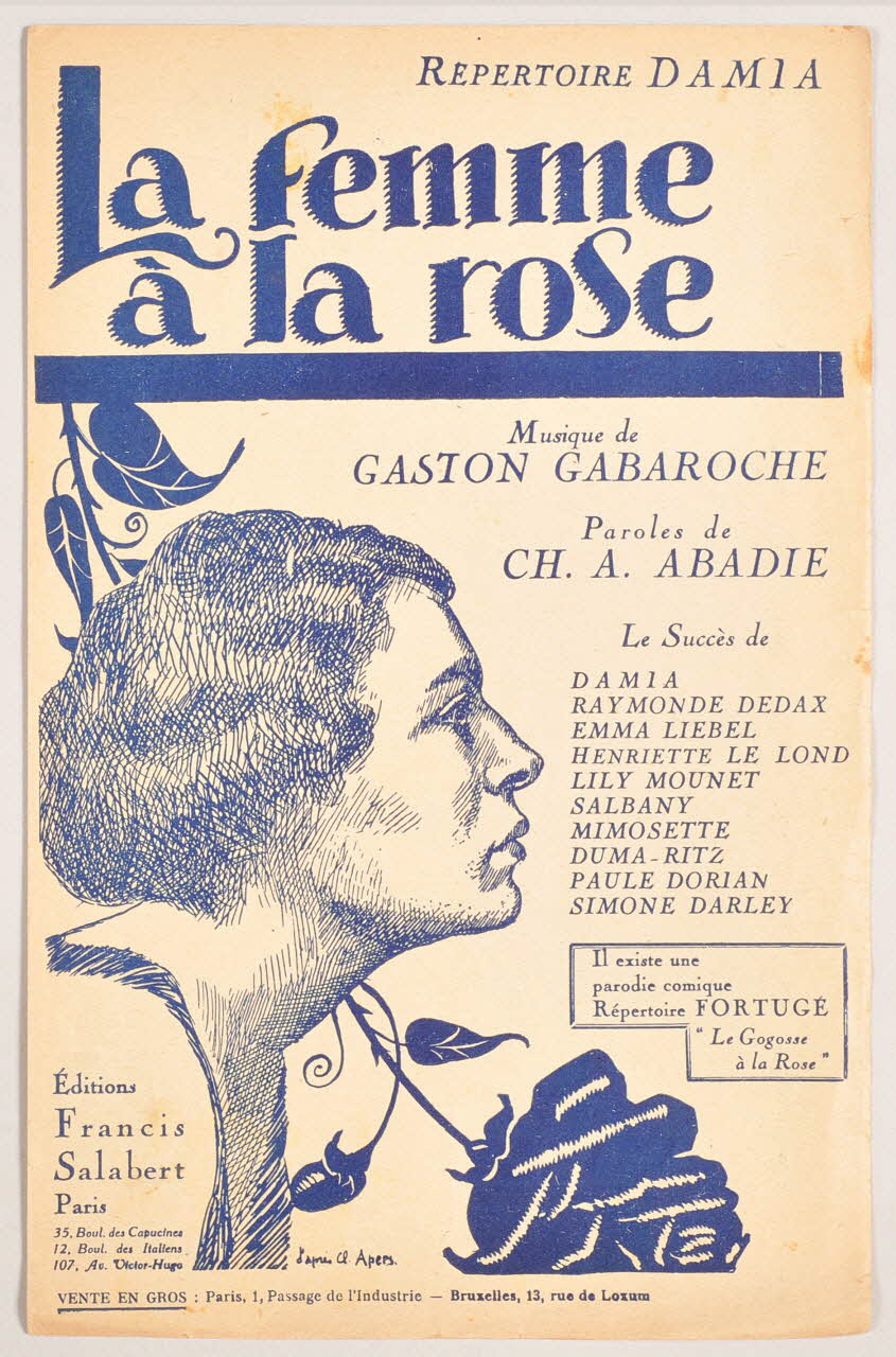 Charles-Albert Abadie ; Gaston Gabaroche ; Damia ; Raymonde Dedax ; Emma Liébel ; Henriette Le Lond ; Lily Mounet ; Salbany ; Mimosette ; Duma-Ritz ; Paule Dorian ; Simone Darley ; Francis F. Salabert chanson petit format 1921 1966.148.3 Photo