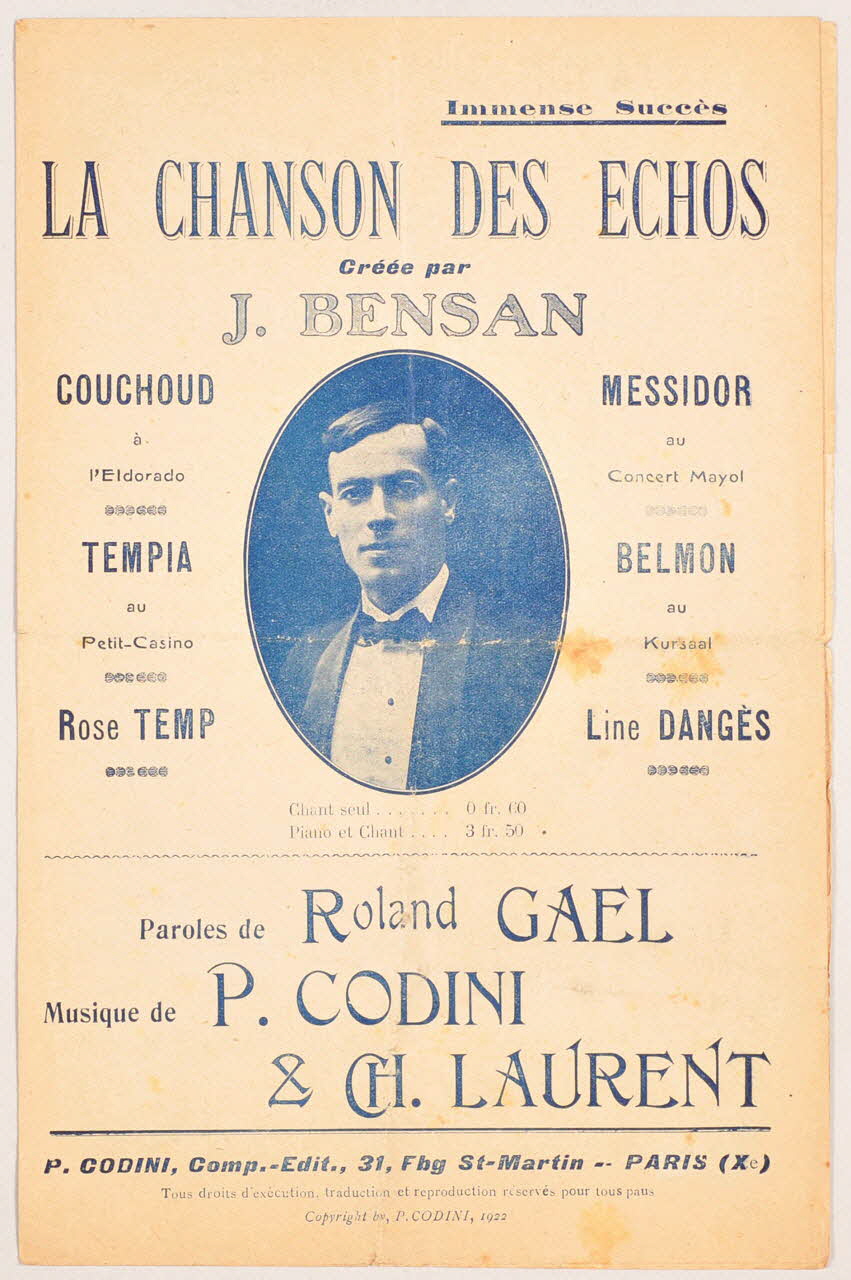 Pierre Codini ; Roland GaëL ; Ch. Laurent ; Chouchoud ; M. Tempia ; Rosa Temp ; Messidor ; Belmon ; Line Dangès chanson petit format Île-de-France, France 1918 1966.148.30 Photo