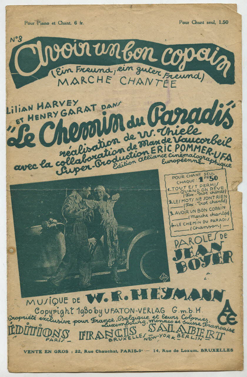 Werner-Richard Heymann ; Jean Boyer ; Lilian Harvey ; Henri Garat ; Francis F. Salabert chanson petit format Île-de-France, France 1930 1966.156.4 Photo