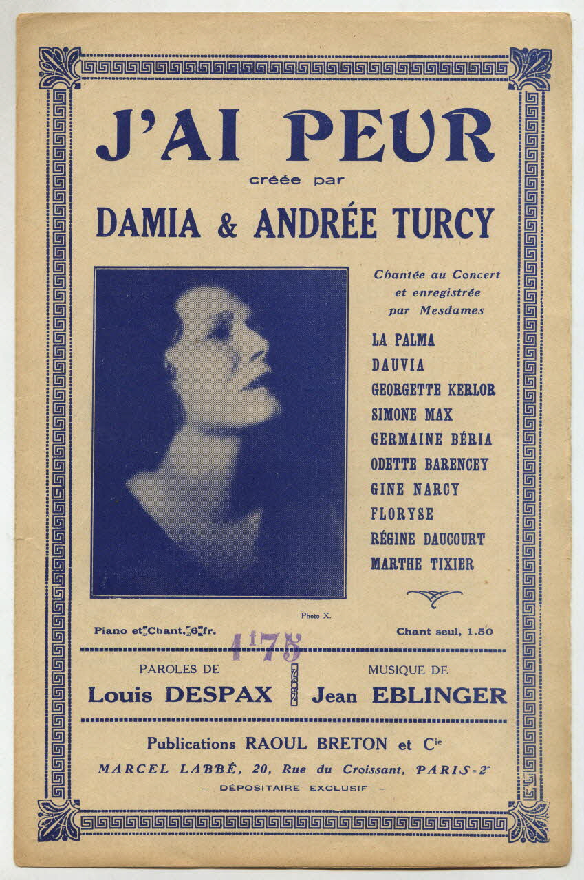 Jean Eblinger ; Louis Despax ; Damia ; Andrée Turcy ; Raoul Breton chanson petit format Île-de-France, France 1929 1966.157.5 Photo