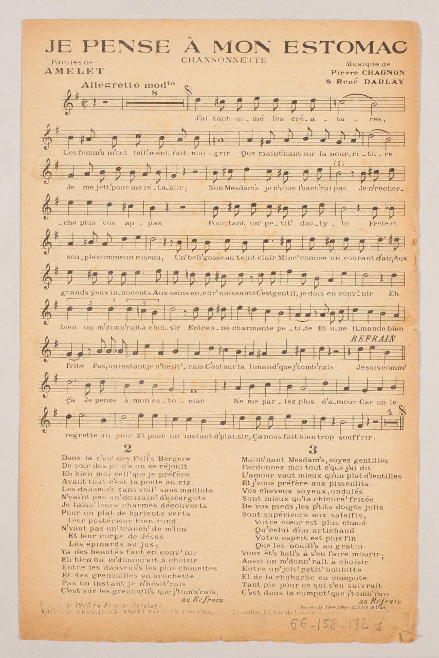 Jacques Charles ; Roland GaëL ; Eugène Gavel ; Albert Willemetz ; Pierre Chagnon ; Amelet ; Jean Rodor ; Maurice Yvain ; René Darlay ; René De Buxeuil ; Mistinguett ; Rollin ; Francis F. Salabert chanson petit format Île-de-France, France 1923 1966.158.192.1-4 Photo