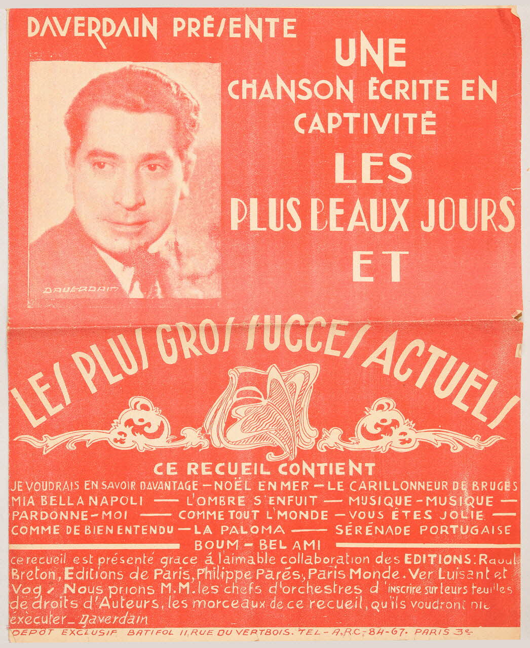 Aris ; Daverdain ; Jean Boyer ; Théo Mackeben ; Louis Poterat ; Georges Van Parys ; Raoul Breton ; Philippe Parès chanson partition de musique Île-de-France, France 1941 1966.158.276 Photo