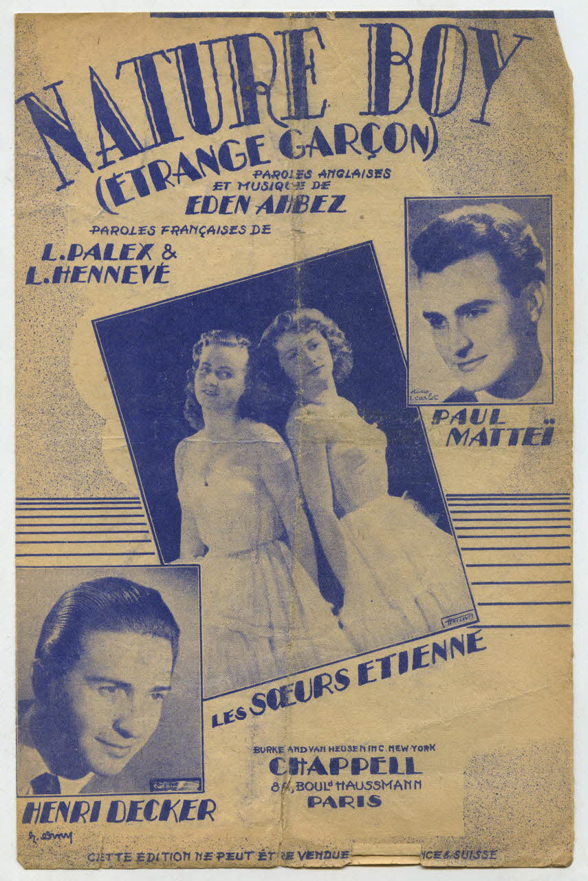 Louis Hennevé ; Louis Palex ; Eden Ahbez ; Paul Matteï ; Les Soeurs Etienne; ; Henri Decker ; Michel Dillard ; Crest View Music Corp; ; Morris; ; Chappell And Co.; ; Chappell S.A.; partition de musique petit format Île-de-France, France 1948 1966.158.90 Photo