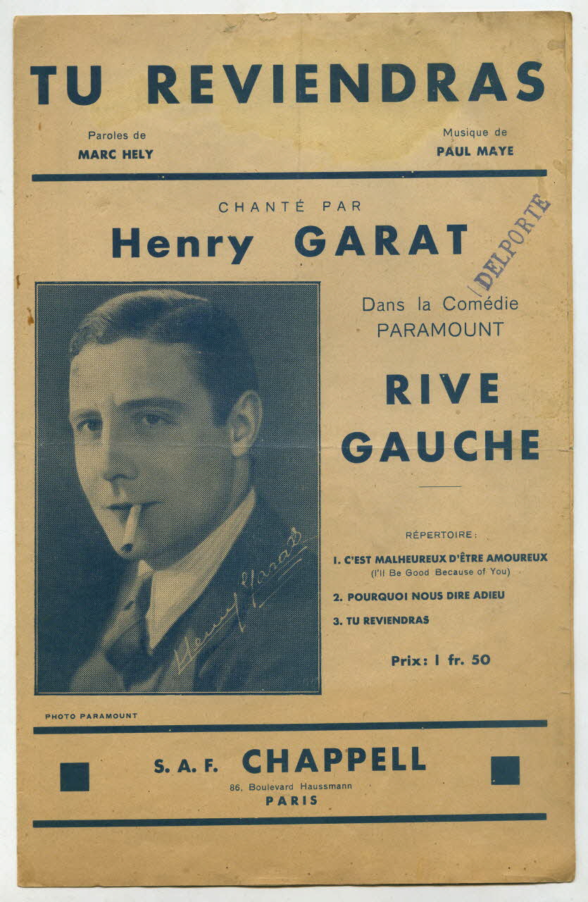 Paul Mayé ; Marc Hély ; Henri Garat ; Chappell; chanson petit format 1931 1966.162.19 Photo