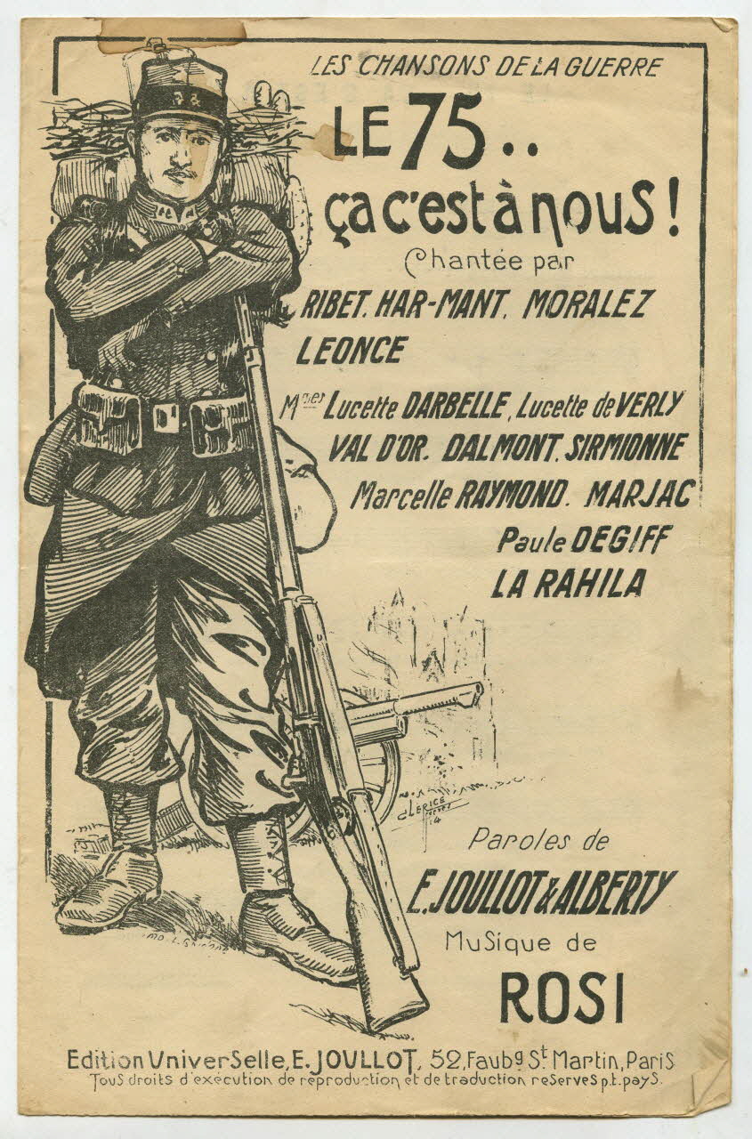 Pierre Alberty ; Eugène Joullot ; Eugène Rosi ; Affiches Clérice Frères ; Har-Mant ; Ribet ; Moralez ; Lucette Darbelle ; Lucette De Verly ; Charlotte Val d'Or ; Dalmont ; Sirmionne ; Marcelle Raymond ; Marjac ; Paule Degiff ; La Rahila ; Frémont ; Edition Universelle; chanson petit format Île-de-France, France 1914 1966.164.23 Photo