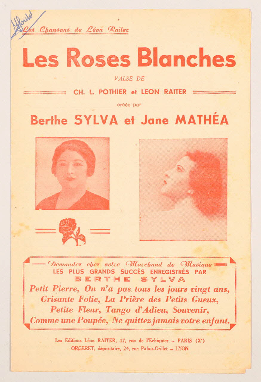 Charles-Louis Pothier ; Léon Raiter ; Berthe Sylva ; Jane Mathéa chanson petit format Paris 10ème 1925 1966.178.7 Photo