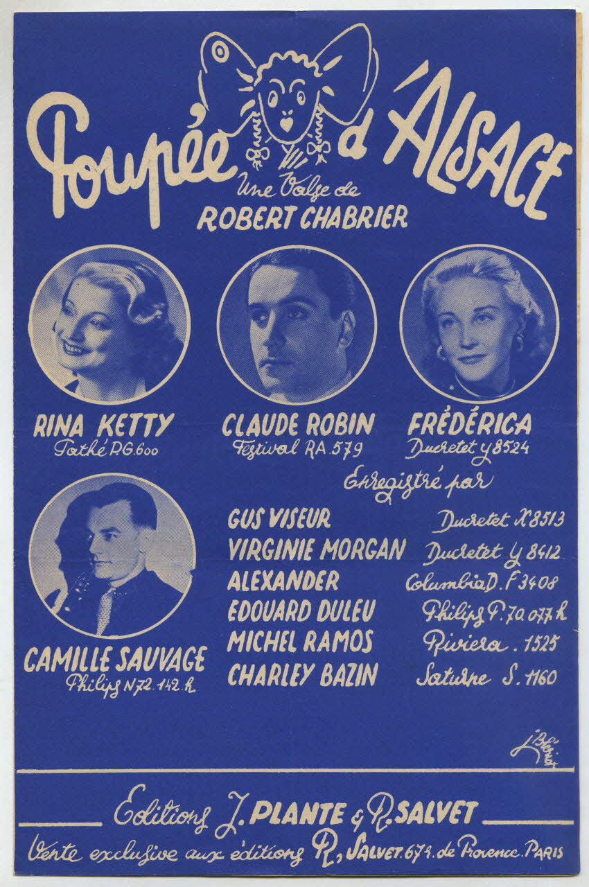 Robert Chabrier ; Rina Ketty ; Claude Robin ; Frederica ; Camille Sauvage ; Gustave Viseur ; Virginie Morgan ; Maître Alexander ; Edouard Duleu ; Michel Ramos ; Charleys Bazin ; Jacques Plante ; Robert Salvet chanson petit format Île-de-France, France 1953 1966.178.8 Photo