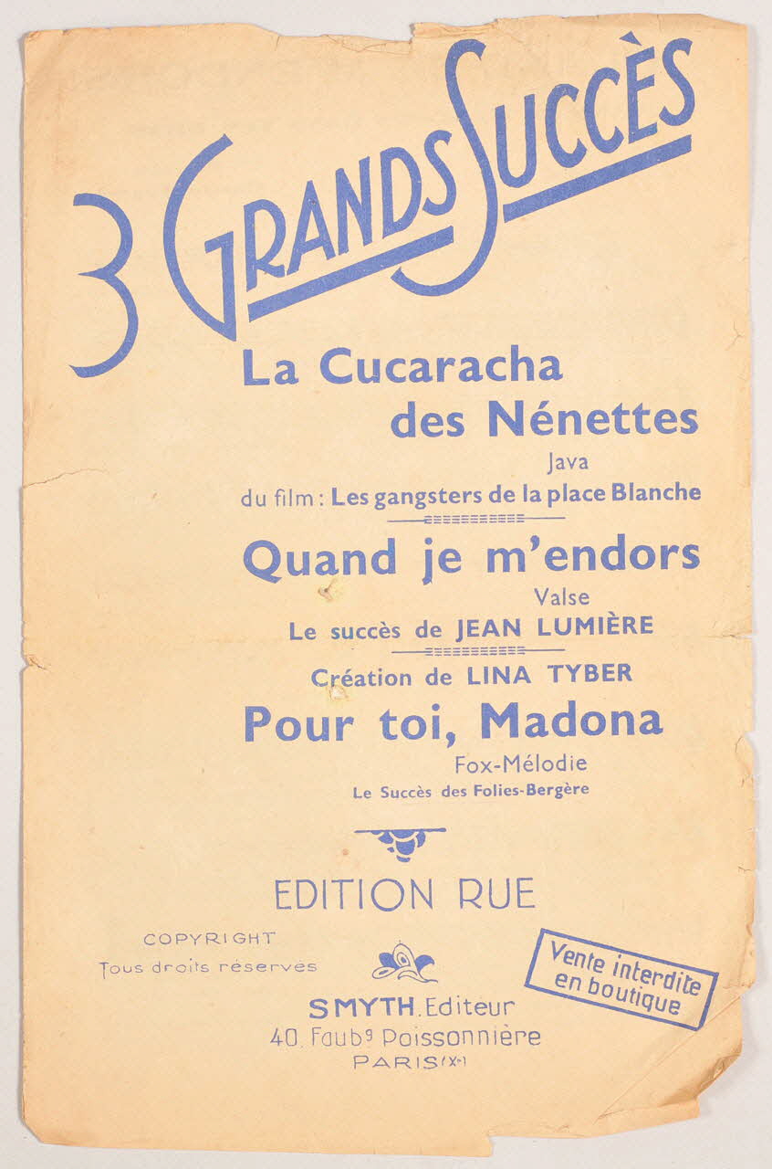 Gaston Claret ; Pierre Vidier ; Henri Poussigue ; Georges Schmitt ; Marc Cab ; Pierre Neuville ; Jean Lumière ; Lina Tyber ; Smyth chanson petit format Paris 10ème 1934 1966.181.3 Photo