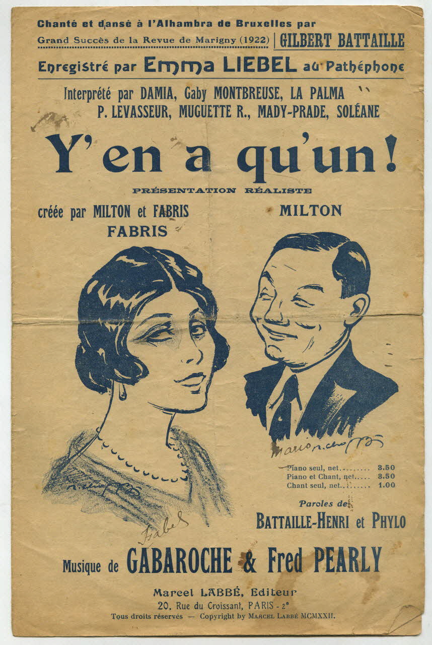 Fred Pearly ; Gaston Gabaroche ; Jacques Battaille-Henri ; Phylo ; Georges Milton ; Marthe Fabris ; Labbé chanson petit format Île-de-France, France 1922 1966.189.103 Photo