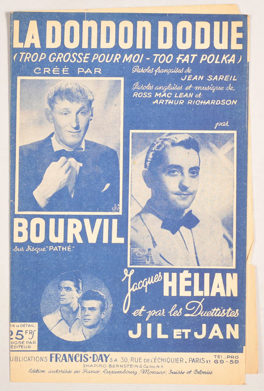 Arthur Richardson ; Ross Mac Lean ; Jean Sareil ; Bourvil ; Jacques Hélian ; Jil Et Jan ; Francis Day chanson petit format Île-de-France, France 1947 1966.189.50 Photo