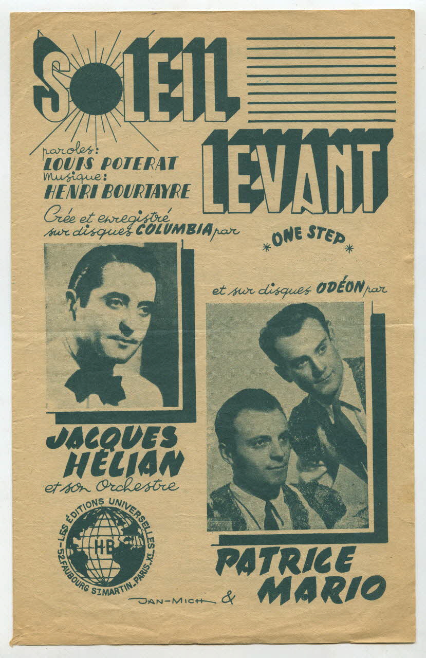 Louis Poterat ; Henri Bourtayre ; Jacques Hélian ; Patrice ; Mario ; Rolland Imp. ; Les Editions Universelles; chanson petit format Île-de-France, France 1949 1966.190.111 Photo