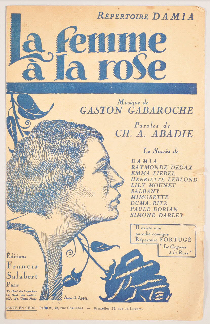 Charles-Albert Abadie ; Gaston Gabaroche ; Damia ; Raymonde Dedax ; Emma Liébel ; Henriette Leblond ; Lily Mounet ; Salbany ; Mimosette ; Duma-Ritz ; Paule Dorian ; Simone Darley ; Francis F. Salabert chanson petit format Île-de-France, France 1921 1966.190.12 Photo