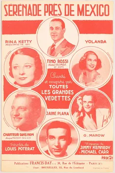 Michael Carr ; Jimmy Kennedy ; Louis Poterat ; Tino Rossi ; Rina Ketty ; Yolanda ; Georges Marow ; Jaime Plana ; Le Chanteur Sans Nom ; Francis Day chanson petit format Île-de-France, France 1939 1966.190.154 Photo