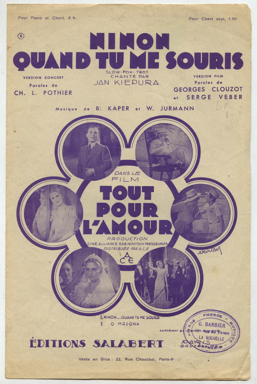 Walter Jurmann ; Bronislaw Kaper ; Henri-Georges Clouzot ; Serge Veber ; Jan Kiepura ; Francis F. Salabert chanson petit format Île-de-France, France 1933 1966.190.171 Photo