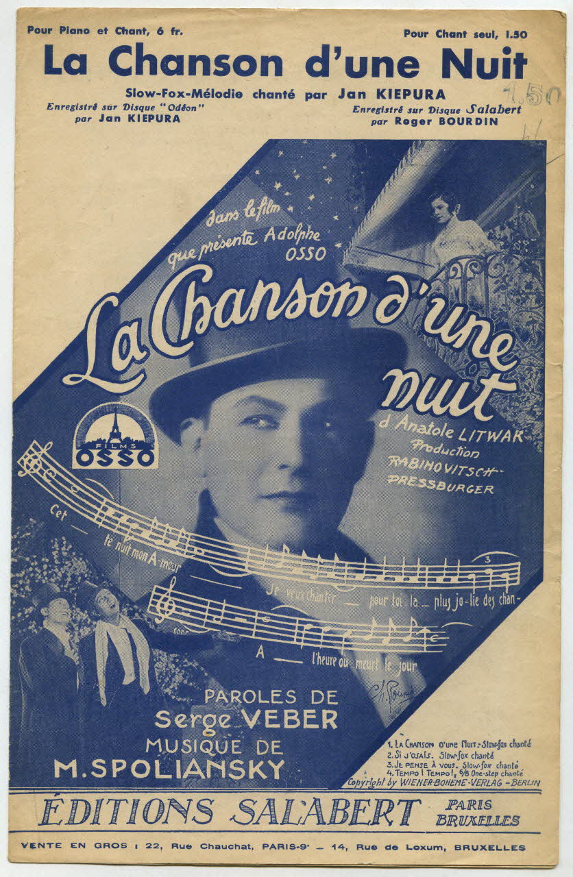 Serge Veber ; Spoliansky ; Jan Kiepura ; Francis F. Salabert chanson petit format Paris 9ème 1932 1966.192.41 Photo