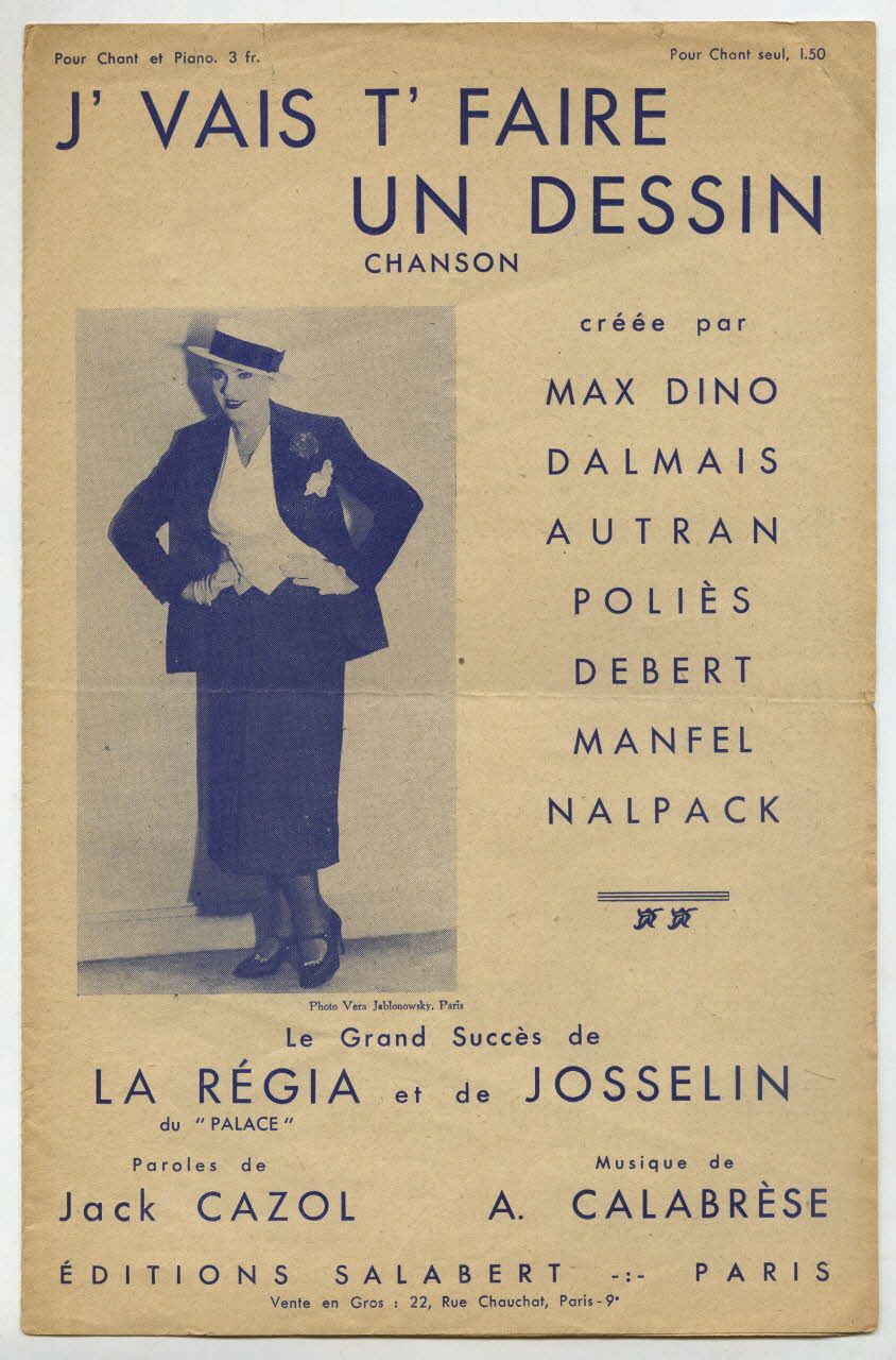 Jack Cazol ; A. Calabrèse ; Max Dino ; Dalmais ; Julien Autran ; Poliès ; Charles Debert ; Manfel ; Nalpack ; Francis F. Salabert chanson petit format Paris 9ème 1933 1966.192.42 Photo
