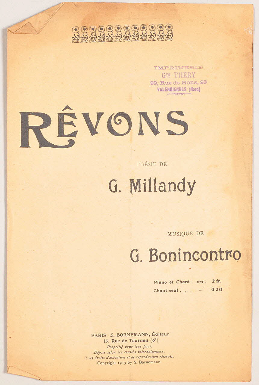 Georges Millandy ; Bonincontro ; S Bornemann chanson petit format Paris 6ème 1913 1966.193.17 Photo