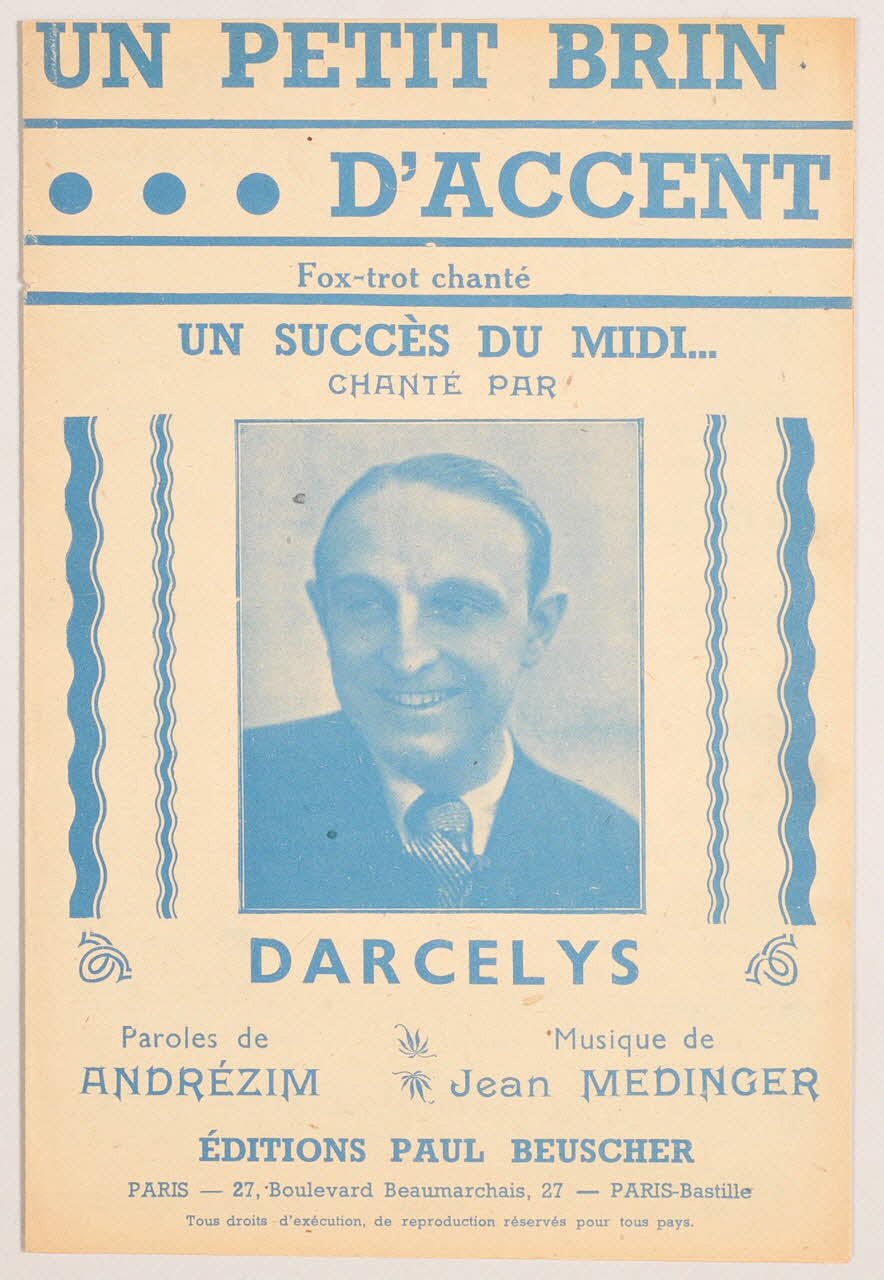 Jean Médinger ; Andrézim ; Darcelys ; Paul Beuscher chanson petit format Paris 4ème 1936 1966.196.2 Photo