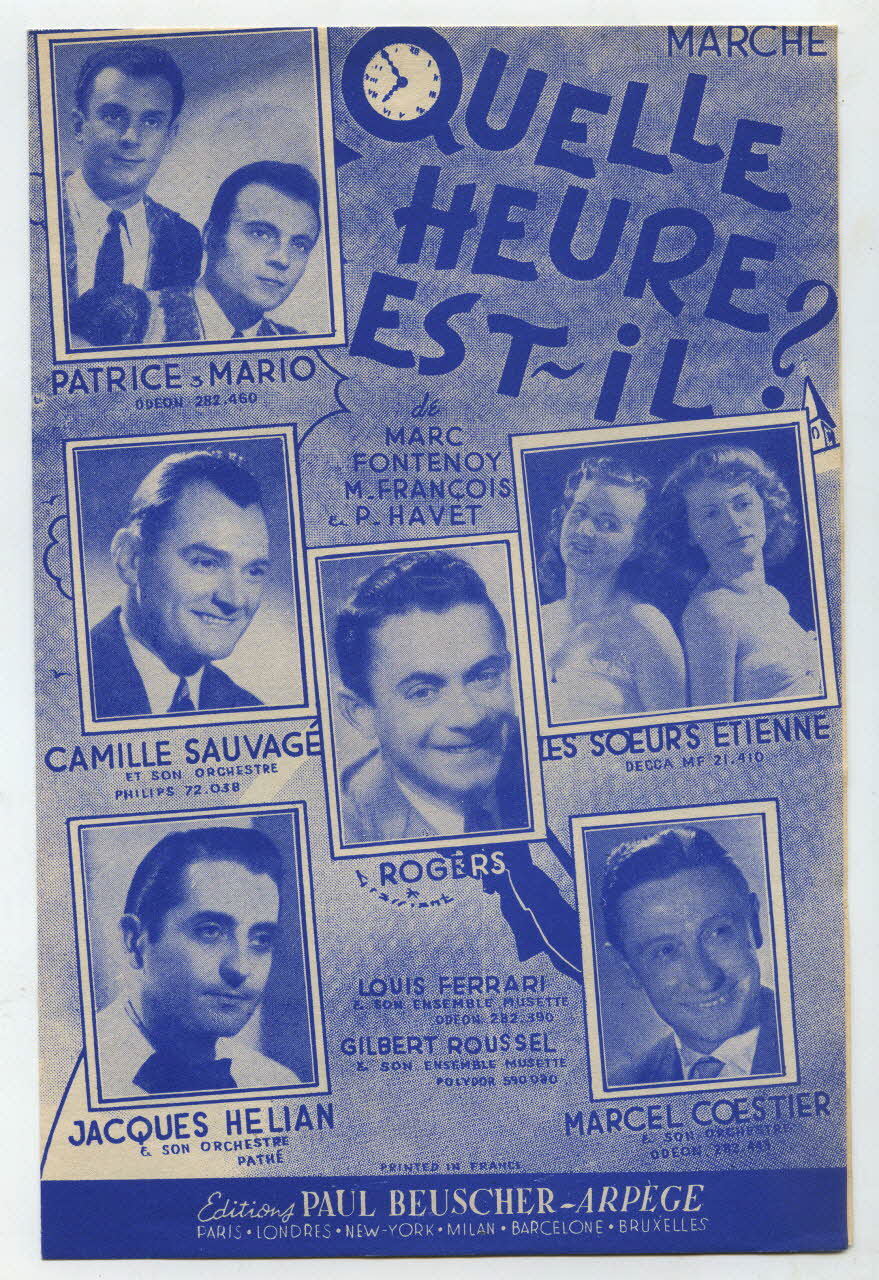 Pierre Havet ; Max François ; Marc Fontenoy ; Patrice Et Mario ; Camille Sauvage ; Rogers ; Les Soeurs Etienne; ; Jacques Hélian ; Marcel Coestier ; Louis Ferrari ; Gilbert Roussel ; Michel Dillard ; Paul Beuscher chanson petit format 1951 1969.88.175 Photo