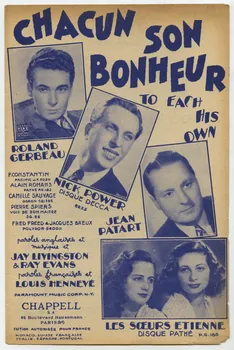 Jay Livingston ; Louis Hennevé ; Ray Evans ; Roland Gerbeau ; Nick Power ; Jean Patart ; Les Soeurs Etienne; ; F. Constantin ; Alain Romans ; Camille Sauvage ; Pierre Spiers ; Fred Freed ; Jacques Breux ; Michel Dillard ; Paramount Music Corp.; ; Chappell And Co.; ; Chappell S.A.; chanson petit format Île-de-France, France 1946 1969.88.372 Photo