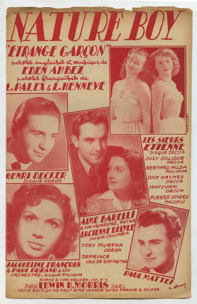 Louis Palex ; Eden Ahbez ; Louis Hennevé ; Henri Decker ; Les Soeurs Etienne; ; Aimé Barelli ; Lucienne Delyle ; Tony Murena ; Adolphe Deprince ; Jacqueline François ; Paul Durand ; Suzy Solidor ; Bernard Hilda ; Dick Haymes ; Matovani ; Pierre Spiers ; Paul Matteï ; Michel Dillard ; Crest View Music Corp; ; Morris; chanson petit format Île-de-France, France 1948 1969.88.569 Photo
