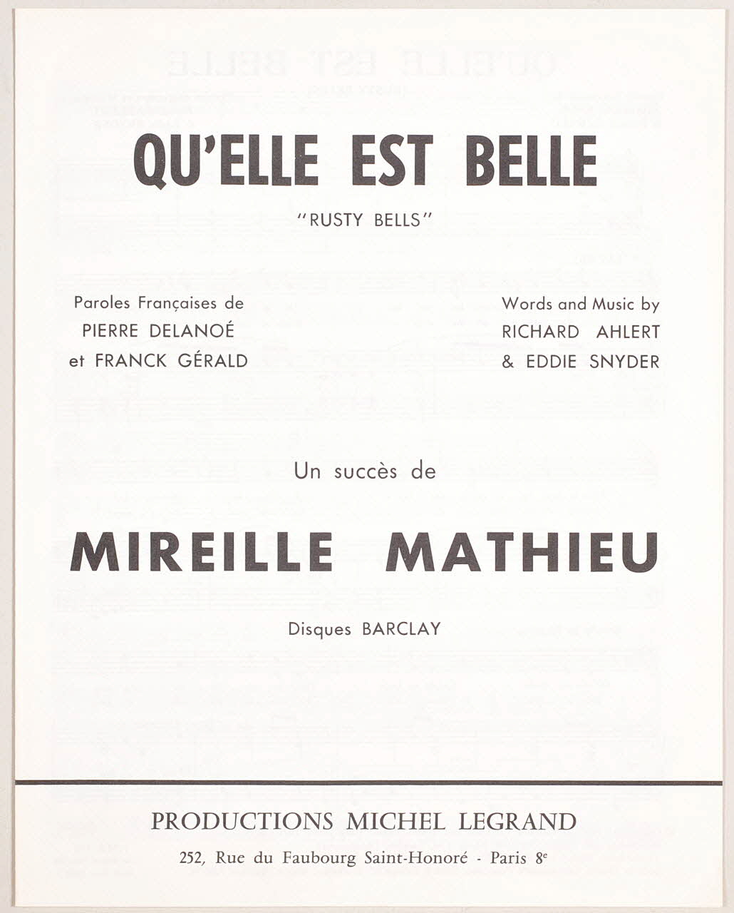 partition de musique Qu'elle est belle 1969.88.740 Photo