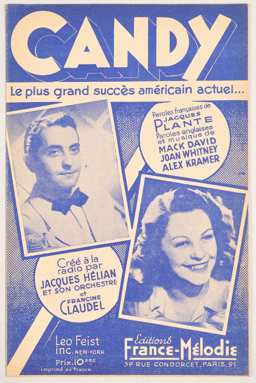 Mack David ; Jacques Plante ; Joan Whitney ; Alex Kramer ; Jacques Hélian ; Francine Claudel ; France-Mélodie chanson petit format 1944 1969.88.960 Photo