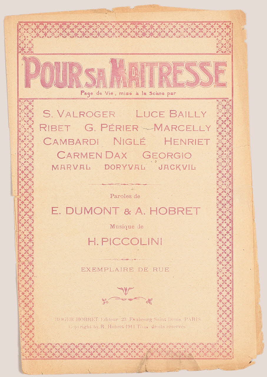 A. Hobret ; Ernest Dumont ; Henri Piccolini ; Suzanne Valroger ; Luce Bailly ; Ribet ; Marcelly ; Niglé ; Marie-Odile Henriet ; Carmen Dax ; Georgio ; Jean Marval ; F. Doryval ; Jackvil ; Roger Hobret partition de musique petit format 1911 1971.33.225 Photo