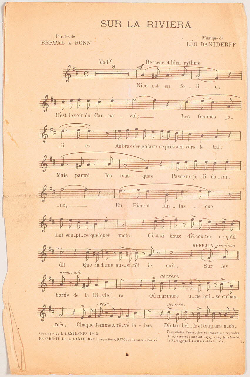 Ronn ; Marcel Bertal ; Léo Daniderff chanson petit format 1913 1971.33.338 Photo