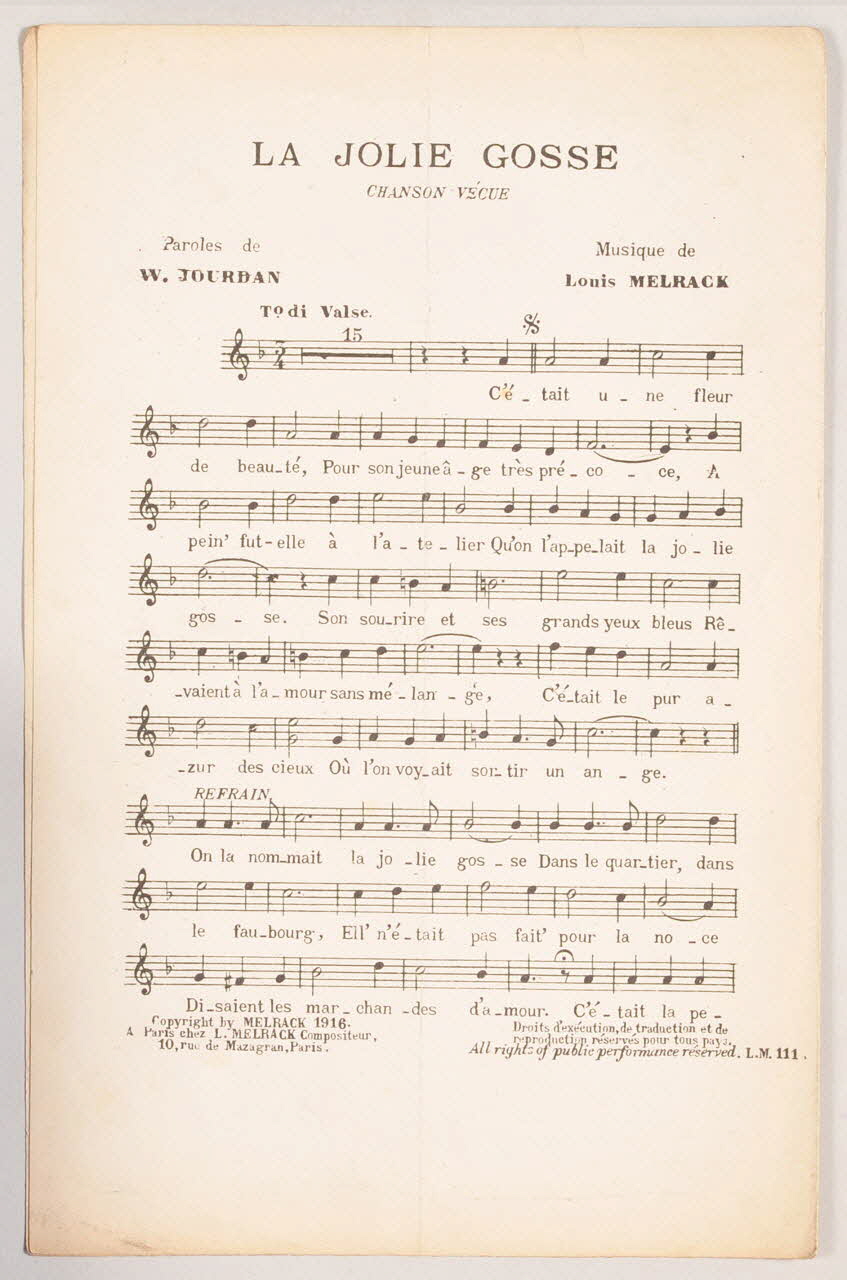 Louis Melrack ; W. Jourdan chanson petit format 1916 1971.33.354 Photo