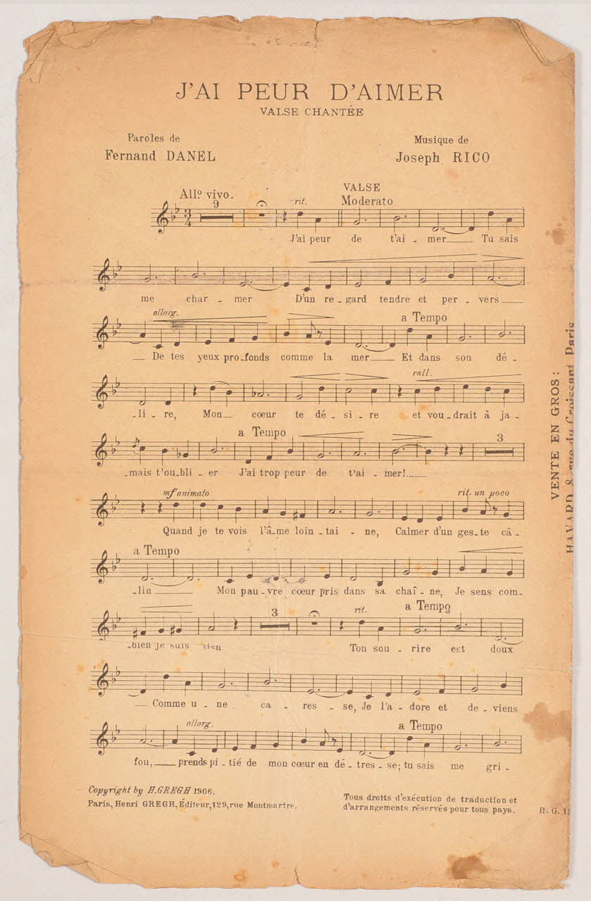 Joseph Rico ; Fernand Danel ; Henri Gregh chanson petit format 1906 1971.33.377 Photo