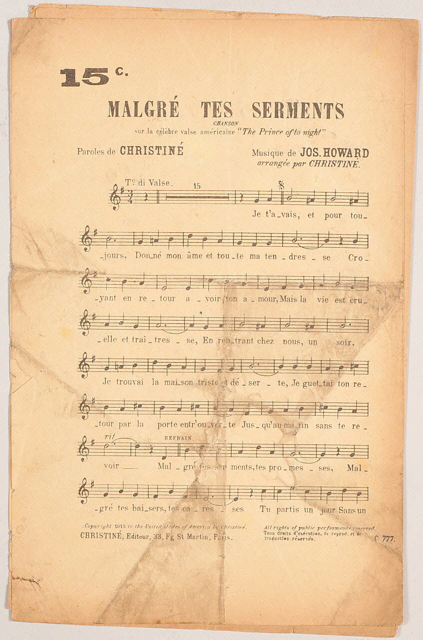 Jos Howard ; Henri Christiné chanson petit format 1913 1971.33.402 Photo