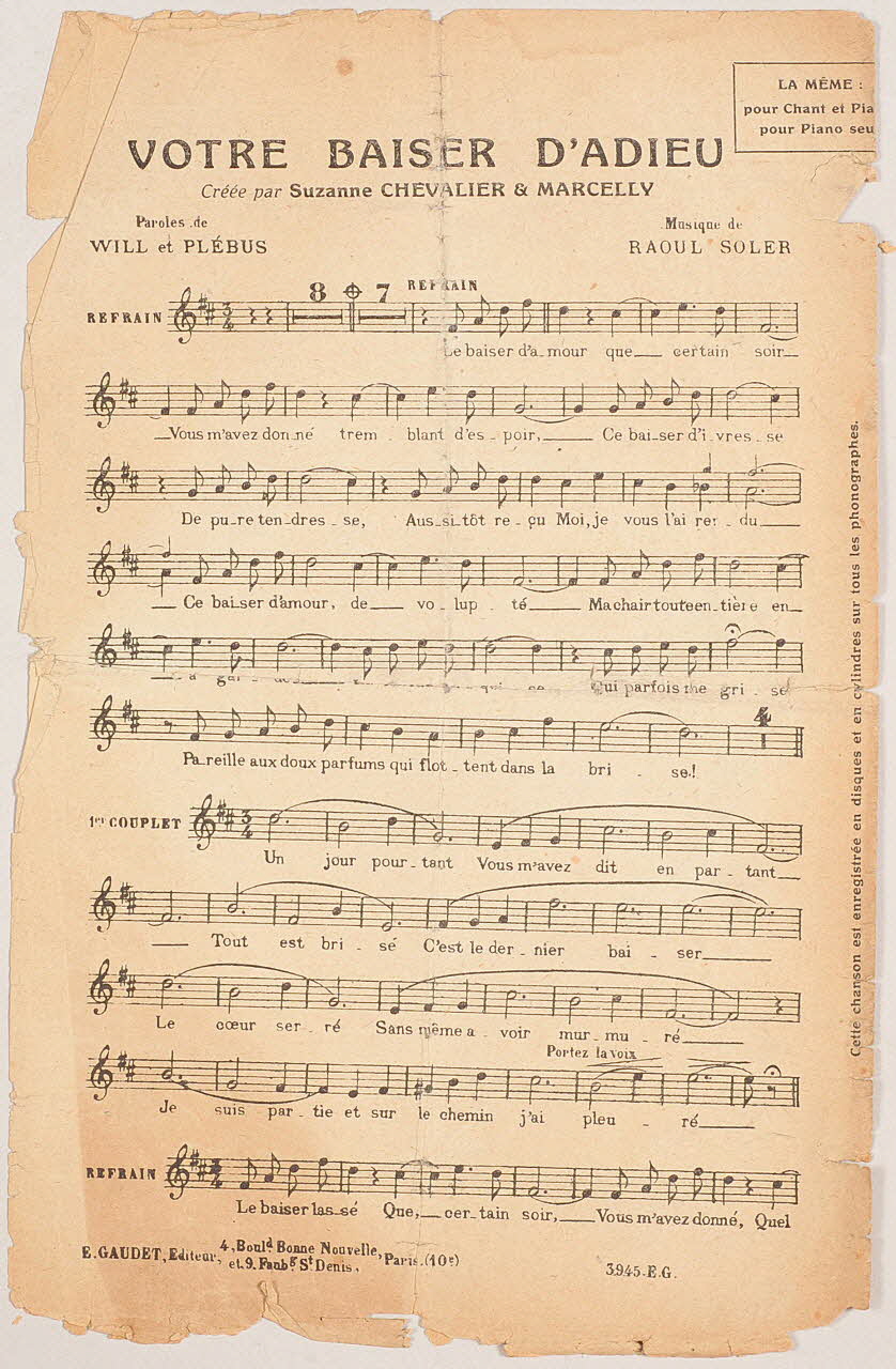 Plébus ; Will ; Raoul Soler ; Suzanne Chevalier ; Marcelly ; E. Gaudet chanson petit format 1908 1971.33.412 Photo
