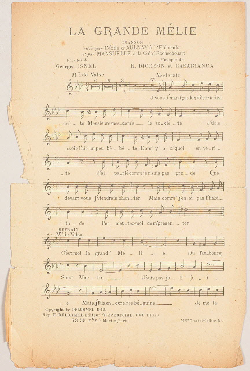 Henri Dickson ; Georges Isnel ; Casablanca ; Cécile D'aulnay ; Mansuelle ; H. Delormel chanson petit format 1910 1971.33.415 Photo