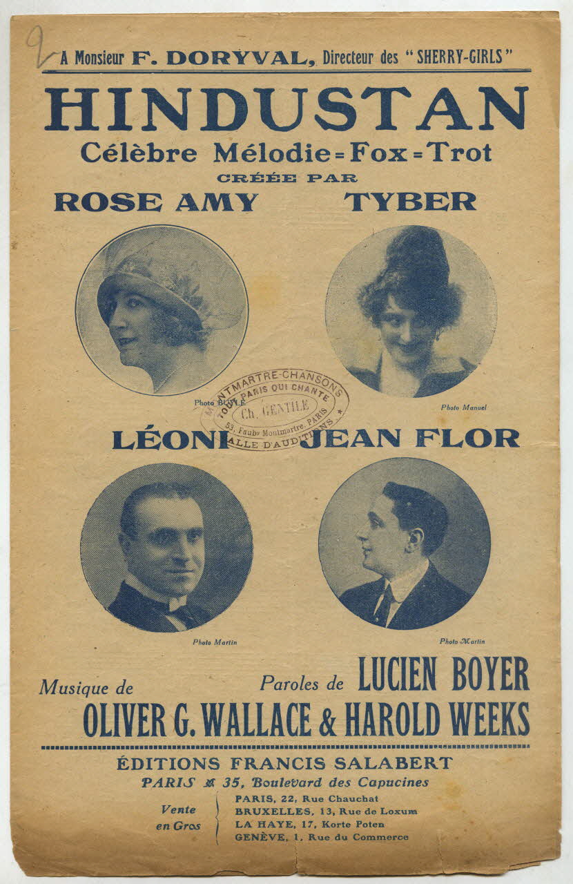 Harold Weeks ; Lucien Boyer ; Oliver G. Wallace ; Rose Amy ; Lina Tyber ; Léoni ; Jean Flor ; Francis F. Salabert chanson petit format 1918 1971.33.87 Photo