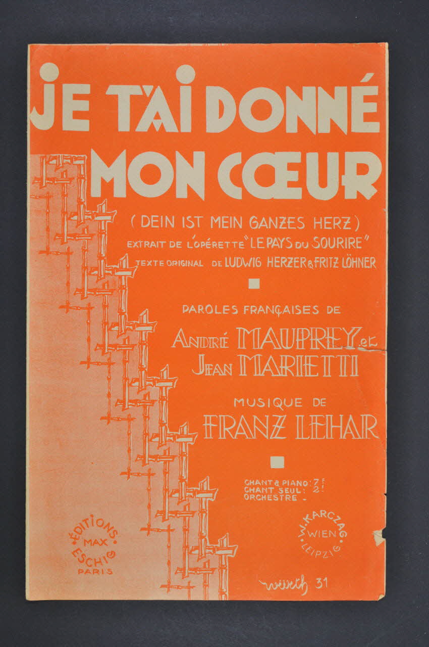 Herzer ; Franz Lehar ; Fritz LöHner ; Jean Marietti ; André Mauprey ; Éditions Max Eschig chanson petit format 1931 1967.179.226 Photo Mucem