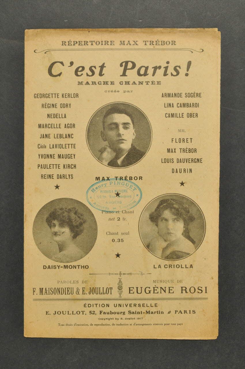 Fernand Maisondieu ; Eugène Rosi ; Eugène Joullot ; Max Trebor ; Edition Universelle; chanson petit format 1917 1966.121.166 Photo Mucem