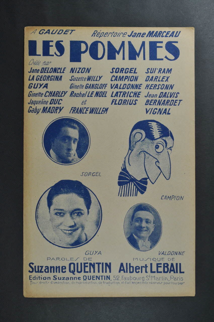 Suzanne Quentin ; Albert Lebail ; Sorgel ; Campion ; Valdonne ; Guya chanson petit format 1928 1966.121.229 Photo Mucem
