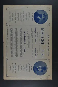 Georges Millandy ; Joseph Rico ; Carmen Vildez ; Léonce Junka ; Francis Marty ; Suzanne Chevalier ; Emma Liébel ; Périé ; F. ManoëL ; Charles Ixem ; Raymonde Dedax ; Diego ; Nicolo ; Dorneval ; Damia ; Marguerite Bernard ; H. Delormel chanson petit format Île-de-France, France 1910 1966.123.19 Photo Mucem