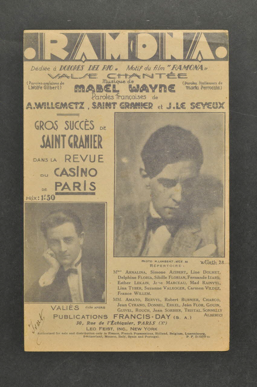 Albert Willemetz ; Mabel Wayne ; Charles Saint-Granier ; Jean Le Seyeux ; Valiès ; Francis Day chanson petit format Île-de-France, France 1927 1966.123.34 Photo Mucem