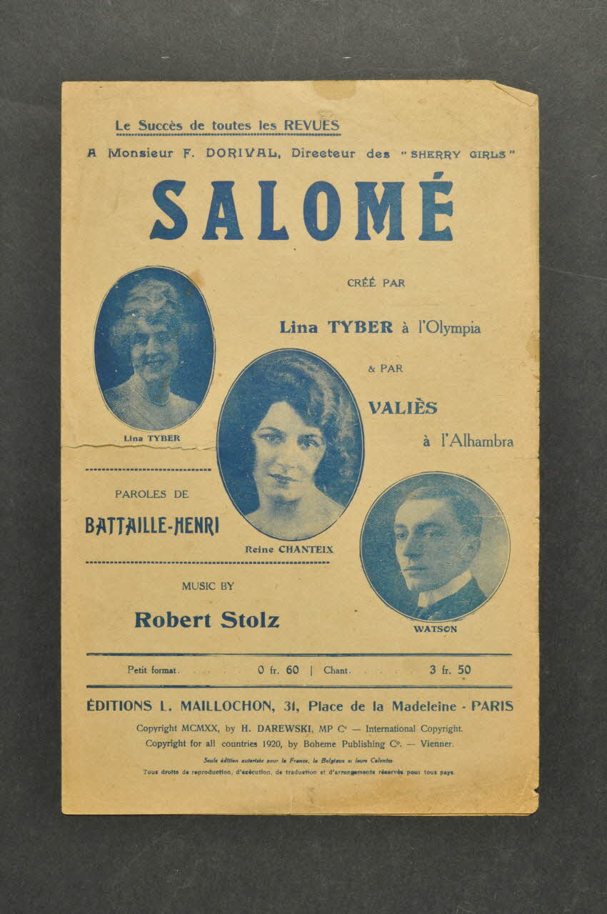 Jacques Battaille-Henri ; Robert Stolz ; Lina Tyber ; Valiès ; L. Maillochon chanson petit format Île-de-France, France 1921 1966.135.28 Photo Mucem